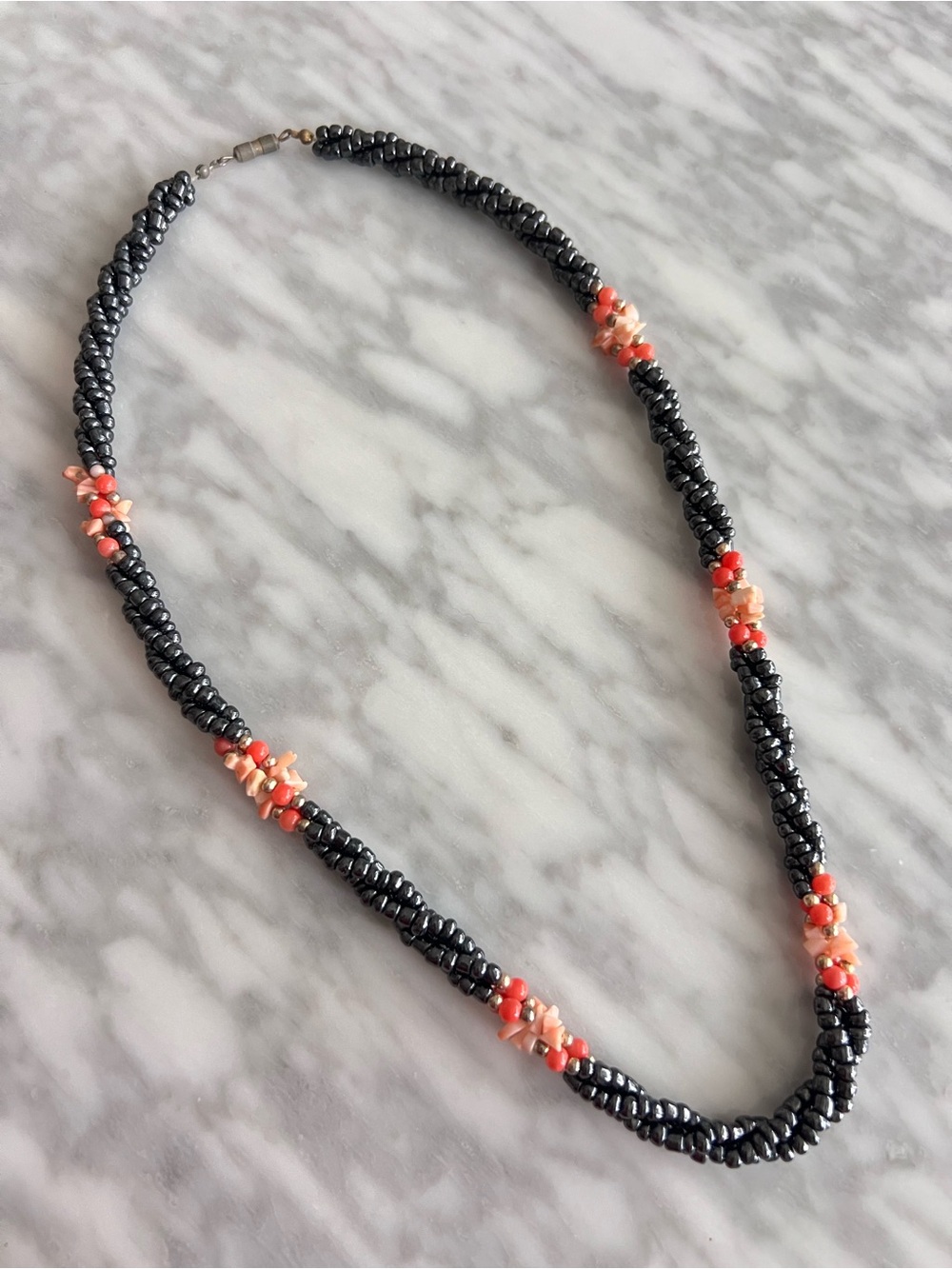 Vintage Glass Black Beads and Coral Beaded Women's Necklace